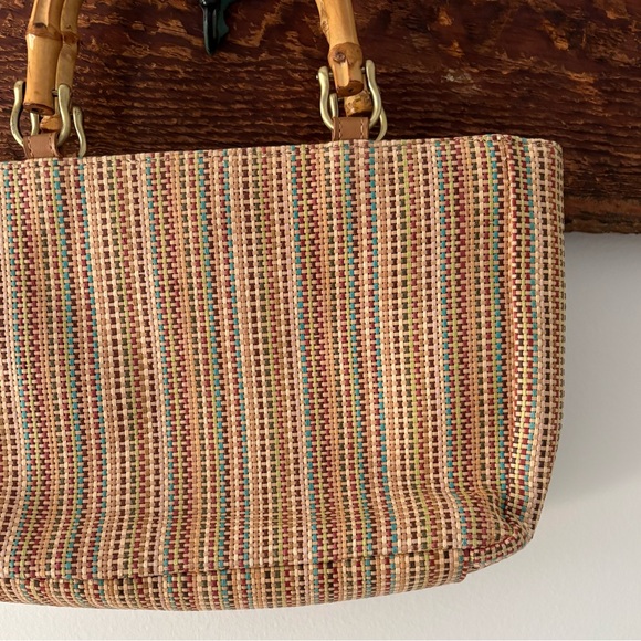 Relic—Woven Raffia Stripe Handbag Purse, Bamboo Handles - Picture 5 of 7